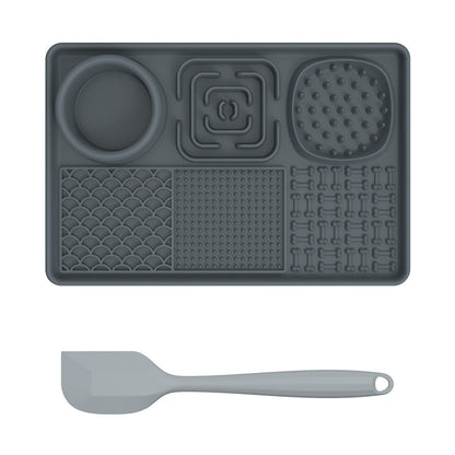 Dog and cat lick mat from PawBeing, a slow feeder for anxiety relief and healthy eating, shown with spread treats on the surface.