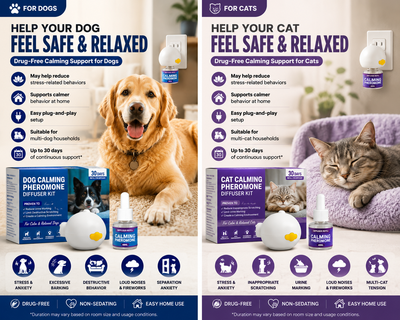 PawBeing pet calming pheromone diffuser for cats and dogs, shown plugged into a wall outlet in a wellness setting.