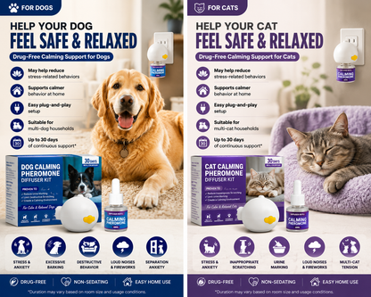 PawBeing pet calming pheromone diffuser for cats and dogs, shown plugged into a wall outlet in a wellness setting.